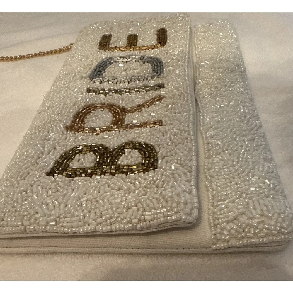 Bride Clutch Embroidered Glass Beaded Gold Tone Chain Strap Classy Elegant